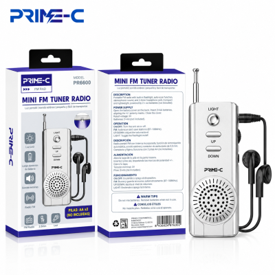 Radio FM Portátil PRIME-C PR6600 – Mini Radio con Auriculares, Luz LED y Jack 3,5 mm