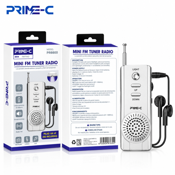 Radio FM Portátil PRIME-C PR6600 – Mini Radio con Auriculares, Luz LED y Jack 3,5 mm