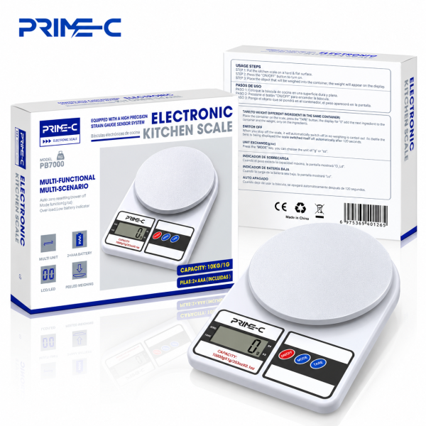 Báscula Digital de Cocina PRIME-C PB7000 – Capacidad 10 kg, Precisión 1 g