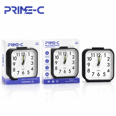 Reloj Despertador de Cuarzo PRIME-C PA5004 – Silencioso con Luz de Fondo – Negro