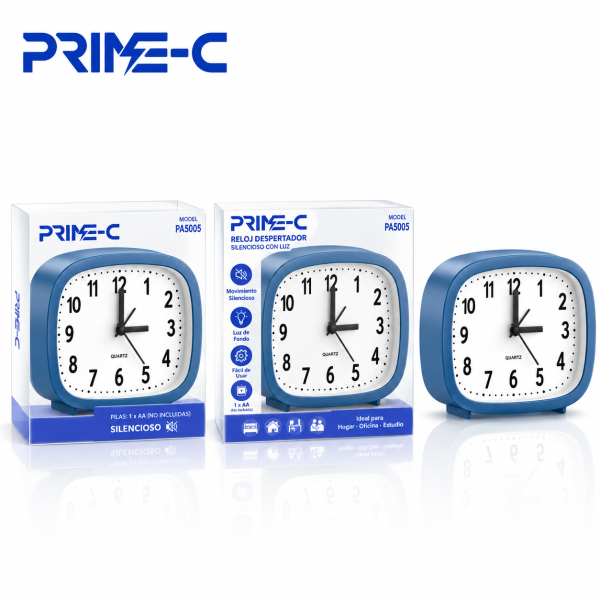 Reloj Despertador Analógico PRIME-C PA5005 – Movimiento Silencioso de Cuarzo – Azul