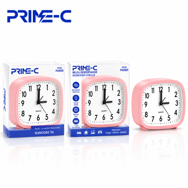 Reloj Despertador Analógico PRIME-C PA5005 – Movimiento Silencioso de Cuarzo – Rosa