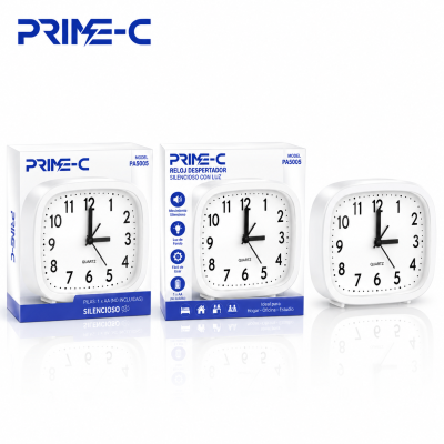 Reloj Despertador Analógico PRIME-C PA5005 – Movimiento Silencioso de Cuarzo – Blanco