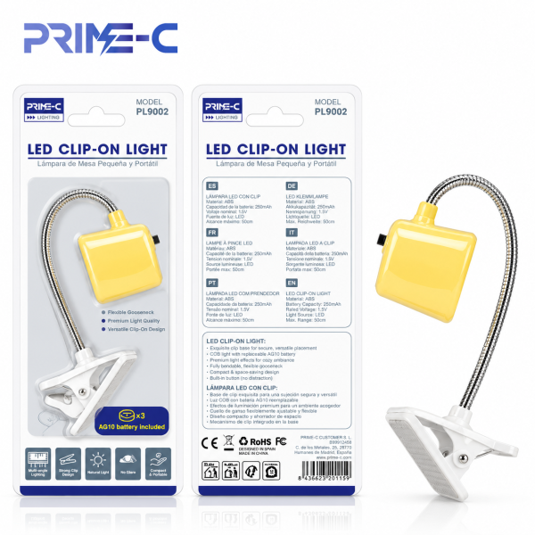 Lámpara LED de Lectura con Pinza PRIME-C PL9002 – Cuello Flexible y Ajustable