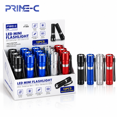 Mini Linterna LED de Aluminio PRIME-C PT1800 – Portátil con Correa, Colores Surtidos 24 PCS