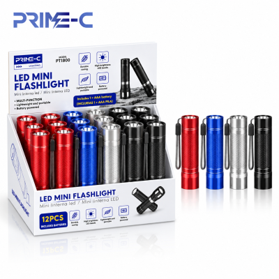 Mini Linterna LED de Aluminio PRIME-C PT1800 – Compacta, Portátil y Colores Surtidos 24 PCS