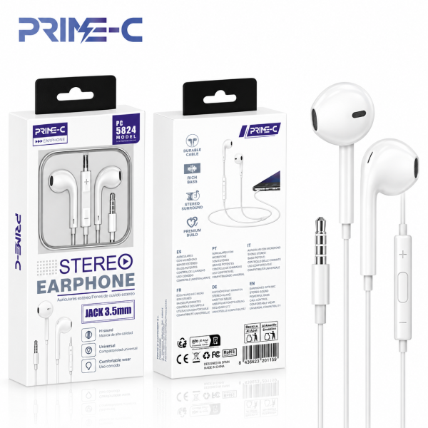 Auriculares Estéreo con Cable PRIME-C PC5824 – Jack 3,5 mm, Micrófono y Control – Blanco