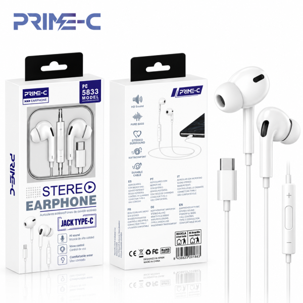 Auriculares Estéreo USB-C PRIME-C PC5833 – Con Micrófono y Control – Blanco
