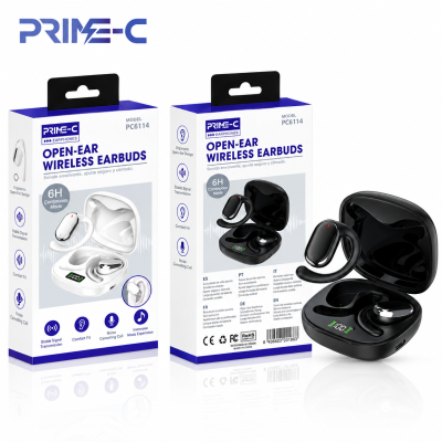 Auriculares Bluetooth Open-Ear PRIME-C PC6114 – Estuche de Carga con Pantalla Digital, 6H – Negro