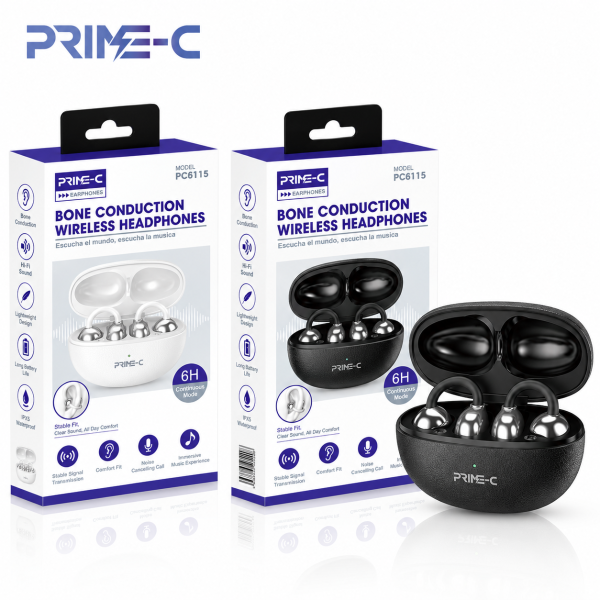 Auriculares Inalámbricos de Conducción Ósea PRIME-C PC6115 – Estuche de Carga, 6H – Negro
