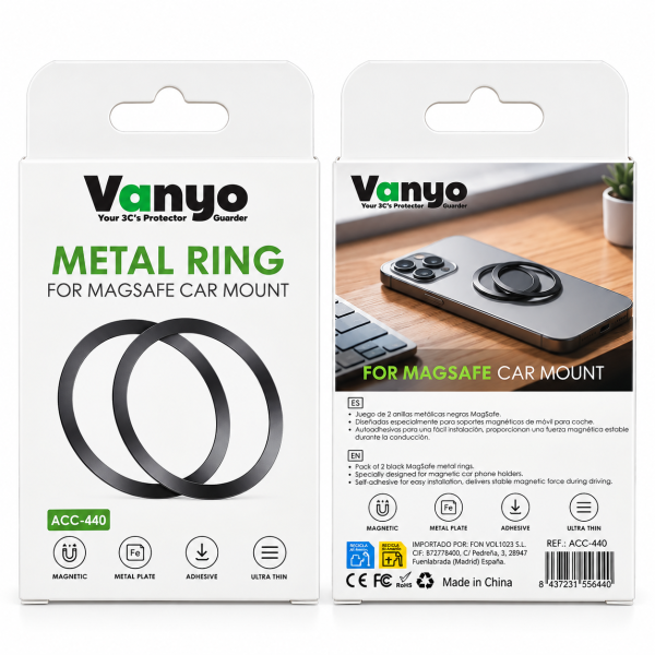 Pack 2 Anillos Metálicos Magnéticos VANYO ACC-440 – Compatible con MagSafe, Autoadhesivos