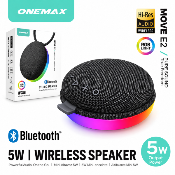 Altavoz Bluetooth Portátil MOVE E2 – 5W, Luz RGB, Resistente al Agua IPX5