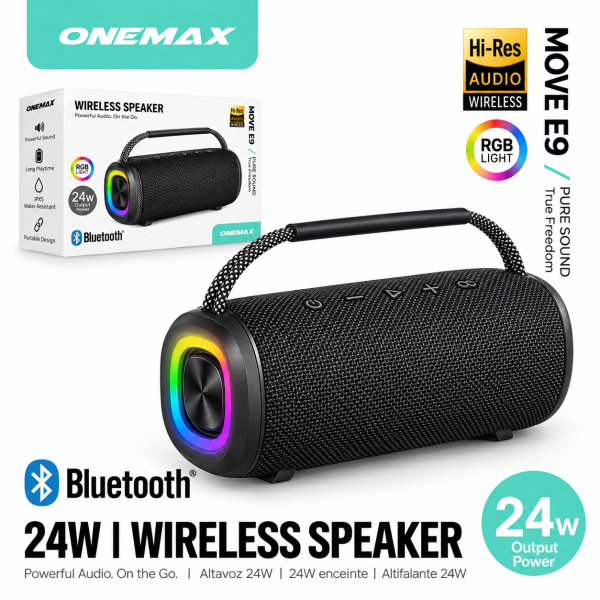 Altavoz Bluetooth Portátil MOVE E9 – 24W, Luz RGB, Resistente al Agua IPX5