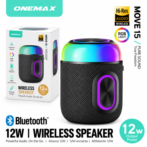 Altavoz Bluetooth Portátil MOVE E15 – 12W, Luz RGB, Resistente al Agua IPX5