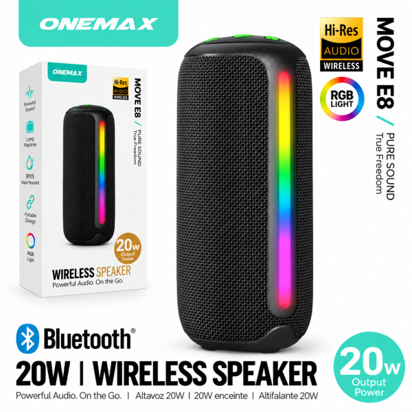Altavoz Bluetooth Portátil MOVE E8 – 20W, Luz RGB, Resistente al Agua IPX5