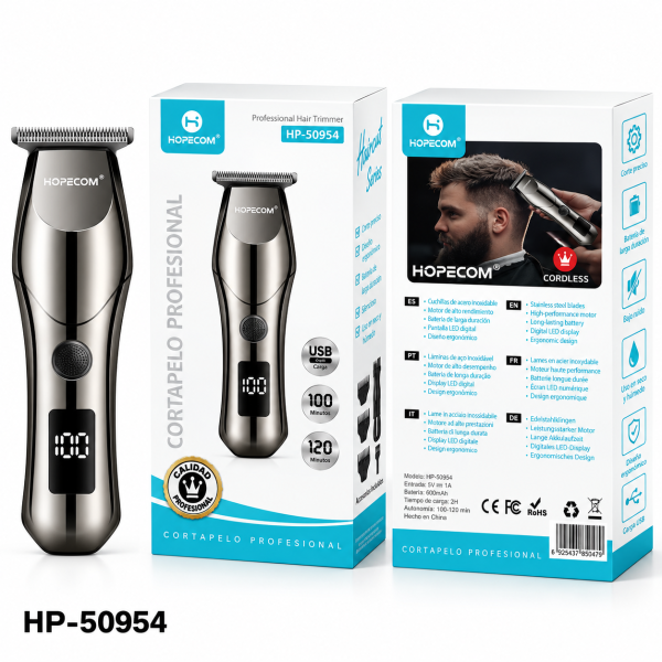 Cortapelos Profesional HOPECOM HP-50954 – Pantalla LED, USB, Uso en Seco y Húmedo, 120 Min