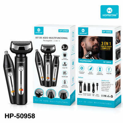 Kit de Aseo Multifunción 3 en 1 HOPECOM HP-50958 – Afeitadora y Recortadoras, USB, 85 Min