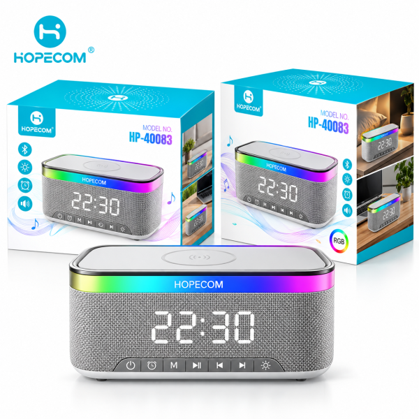 Altavoz Bluetooth con Reloj Despertador HOPECOM HP-40083 – Carga Inalámbrica y Luz RGB