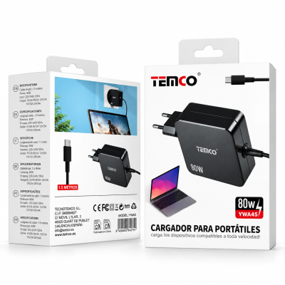 Cargador USB-C para Portátil YWA45 – 80W, Cable de 1,5 m, Carga Rápida