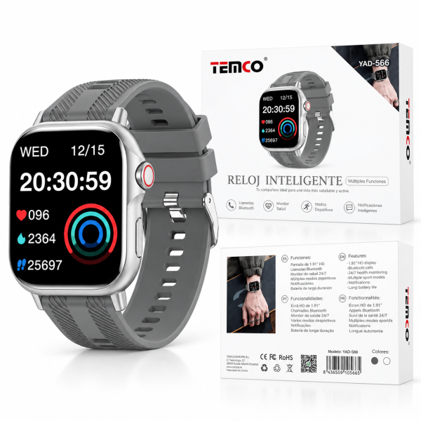 Reloj Inteligente YAD-566 – Pantalla 1,91″ HD, Llamadas Bluetooth, Monitor de Salud y Modos Deportivos