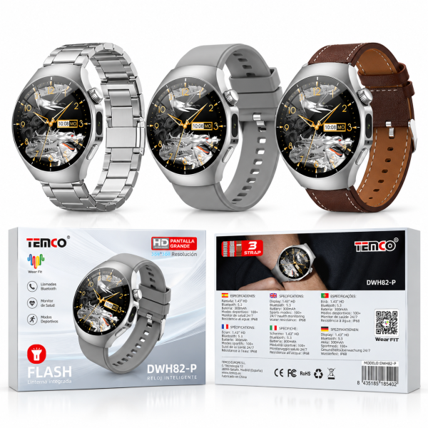 Reloj Inteligente DWH82-P – Pantalla HD 1,43″, Llamadas Bluetooth, IP68, Linterna y 3 Correas