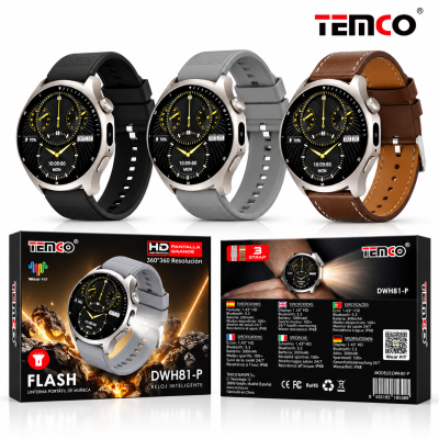Reloj Inteligente DWH81-P – Pantalla HD 1,43″, Bluetooth, IP68, Linterna, Monitor de Salud y 3 Correas