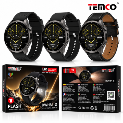 Reloj Inteligente DWH81-G – Pantalla HD 1,43″, Bluetooth 5.3, IP68, Linterna, Monitor de Salud y 3 Correas