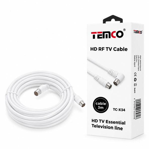 Cable de Antena TV Coaxial TC-X34 – 3 Metros, Conector Macho-Hembra, Blanco, Señal HD