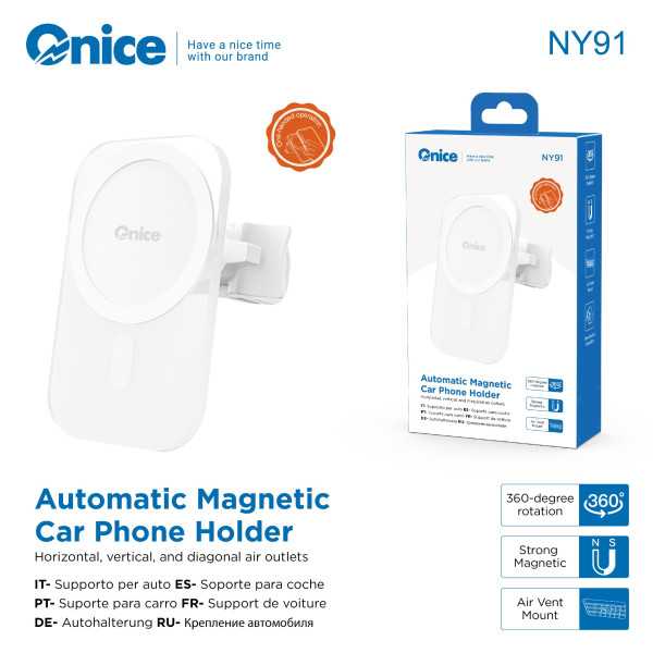 Soporte Magnético para Móvil de Coche Onice NY91 – Fijación en Rejilla de Ventilación, Rotación 360°, Imán Potent