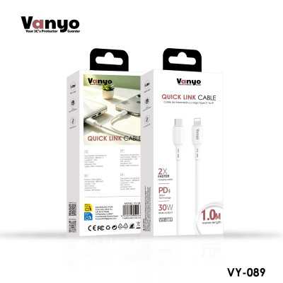 Cable USB-C a Lightning VANYO VY-089 – Carga Rápida PD 30W, Transferencia de Datos 480 Mbps, 1 Metro, Blanco
