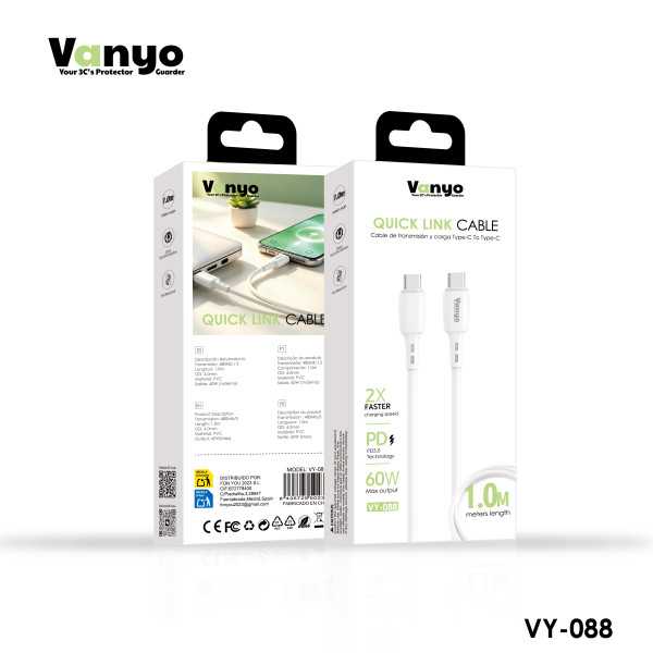 Cable USB-C a USB-C VANYO VY-088 – Carga Rápida PD 60W, Transferencia de Datos 480 Mbps, 1 Metro, Blanco