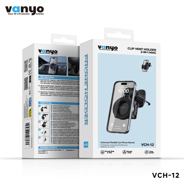 Soporte de Móvil para Coche VANYO VCH-12 – 2 en 1 Magnético y Pinza, Compatible con MagSafe, Rejilla de Ventilación, 360°