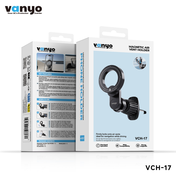 Soporte Magnético para Móvil de Coche VANYO VCH-17 – Rejilla de Ventilación, Compatible con MagSafe, Sujeción Firme, Ajustable