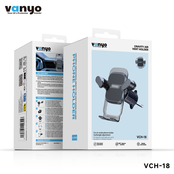 Soporte de Móvil para Coche VANYO VCH-18 – Sujeción por Gravedad, Rejilla de Ventilación, Rotación 360°, Ajustable y Estable