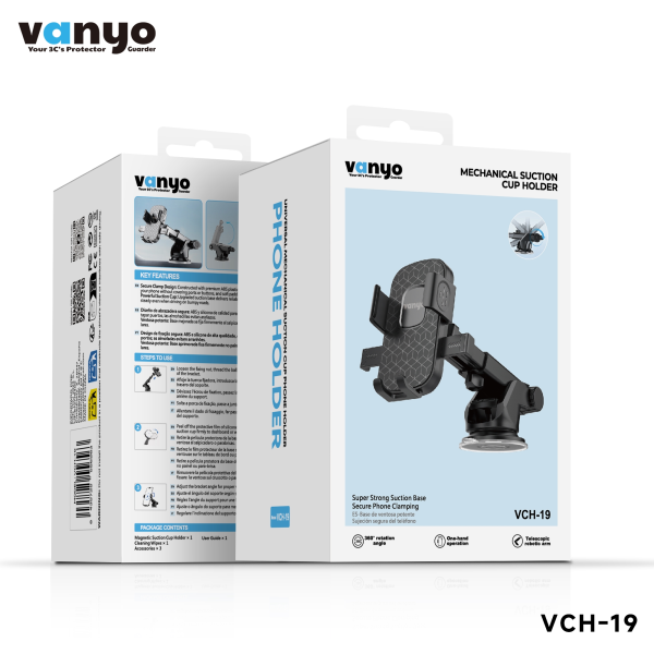 Soporte de Móvil para Coche VANYO VCH-19 – Ventosa de Succión Potente, Brazo Telescópico, Rotación 360°, Sujeción Ajustable