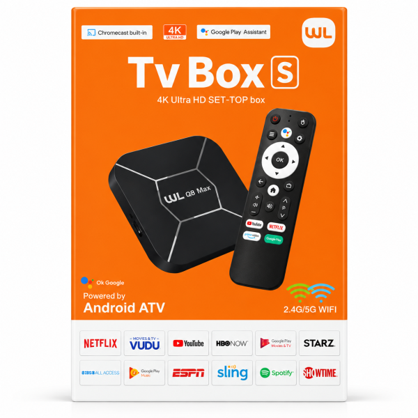 Smart TV Box Android ATV Q8 Max 4K Ultra HD – WiFi Dual Band 2.4G/5G, Chromecast Integrado, Google Assistant y Mando a Distancia