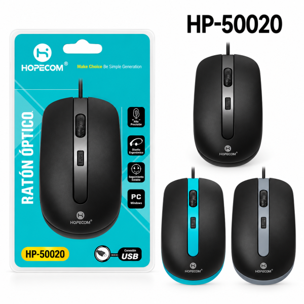 Ratón Óptico con Cable USB HOPECOM HP-50020 – DPI Ajustable, Alta Precisión, Diseño Ergonómico, Compatible con PC y Windows