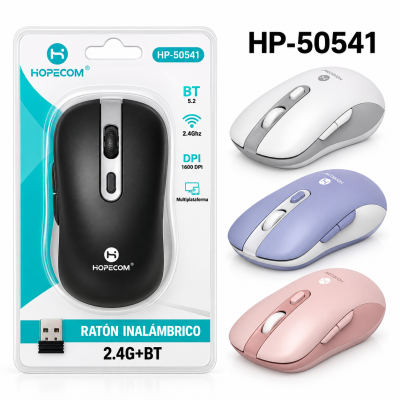Ratón Inalámbrico HOPECOM HP-50541 – Bluetooth 5.2 y 2.4 GHz, 1600 DPI, Receptor USB, Diseño Ergonómico, Multiplataforma