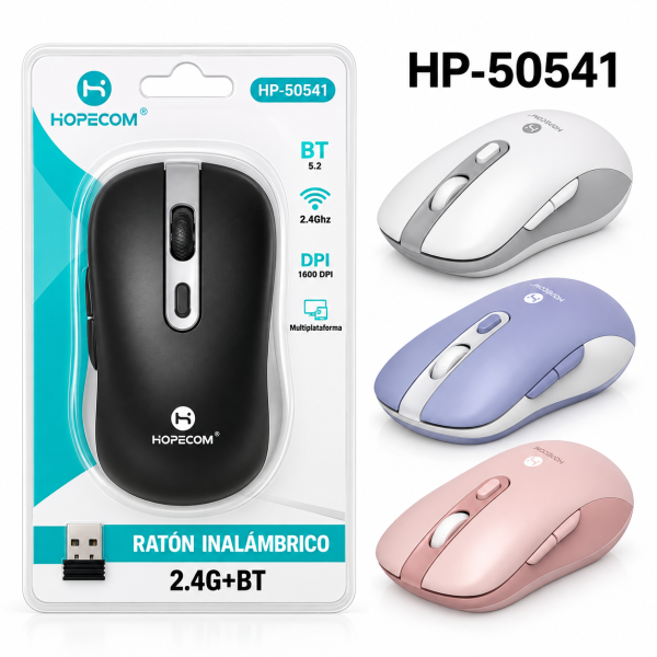 Ratón Inalámbrico HOPECOM HP-50541 – Bluetooth 5.2 y 2.4 GHz, 1600 DPI, Receptor USB, Diseño Ergonómico, Multiplataforma