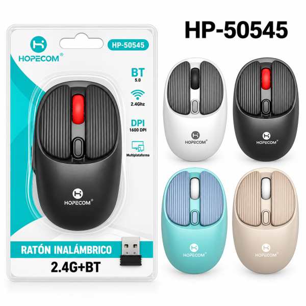Ratón Inalámbrico HOPECOM HP-50545 – Bluetooth 5.0 y 2.4 GHz, 1600 DPI, Receptor USB, Diseño Ergonómico, Multiplataforma