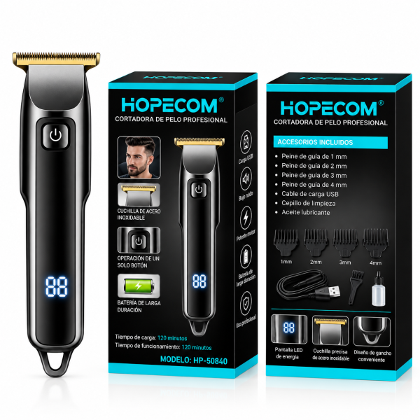 Máquina Cortapelos Profesional HOPECOM HP-50840 – Recortadora de Precisión, Cuchilla de Acero, Pantalla LED, Carga USB