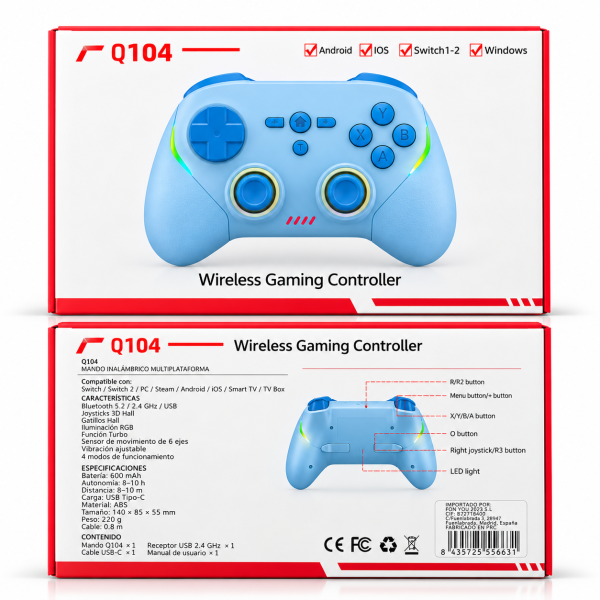 Mando Inalámbrico Gaming Q104 – Bluetooth 5.2, Compatible con Switch, PC, Android e iOS, Joysticks Hall, Vibración y RGB