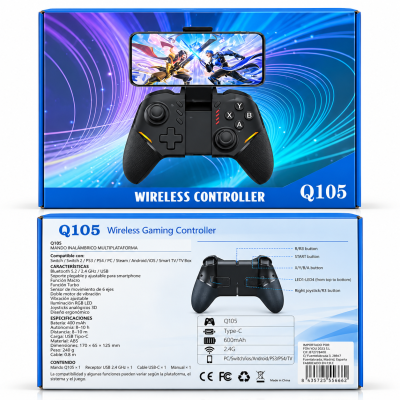 Mando Gaming Inalámbrico Q105 – Soporte para Móvil, Bluetooth 5.2, Compatible con Switch, PS4, PC, Android e iOS, RGB
