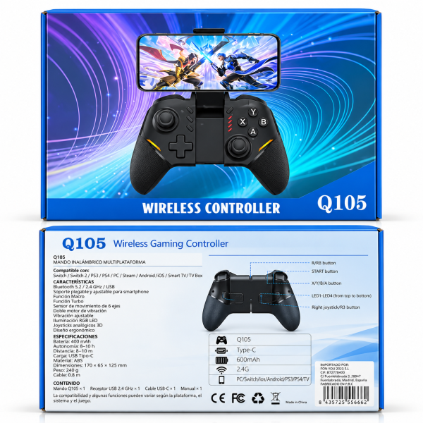 Mando Gaming Inalámbrico Q105 – Soporte para Móvil, Bluetooth 5.2, Compatible con Switch, PS4, PC, Android e iOS, RGB
