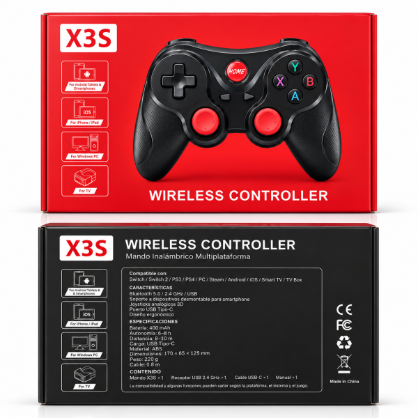 Mando Gaming Inalámbrico X3S – Bluetooth 5.0 y 2.4 GHz, Compatible con Switch, PS4, PC, Android e iOS, Soporte para Móvil