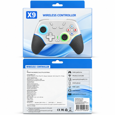 Mando Gaming Inalámbrico X9 – Bluetooth 5.2 y 2.4 GHz, Compatible con Switch, PS4, PC, Android e iOS, Vibración y RGB
