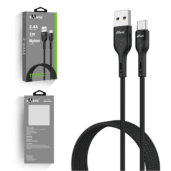 Cable USB Datos de 1M de Carga Rápida Nylon USB A to Type C Negro