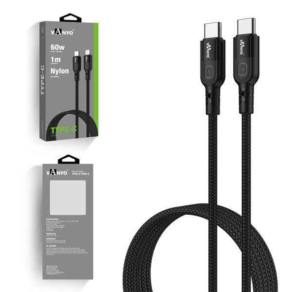 Cable USB Datos de 1M de Carga Rápida 60w Nylon Type-C to Type-C Negro