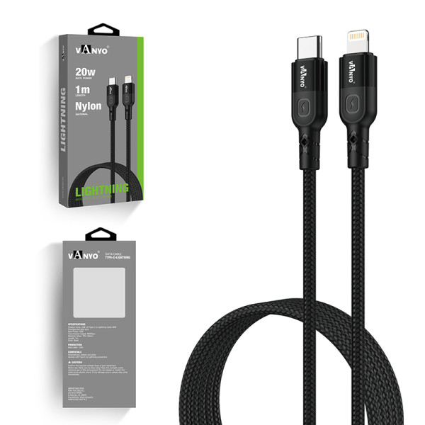 1M Fast Charging USB Data Cable 20w Nylon Type-C to Lightning Black