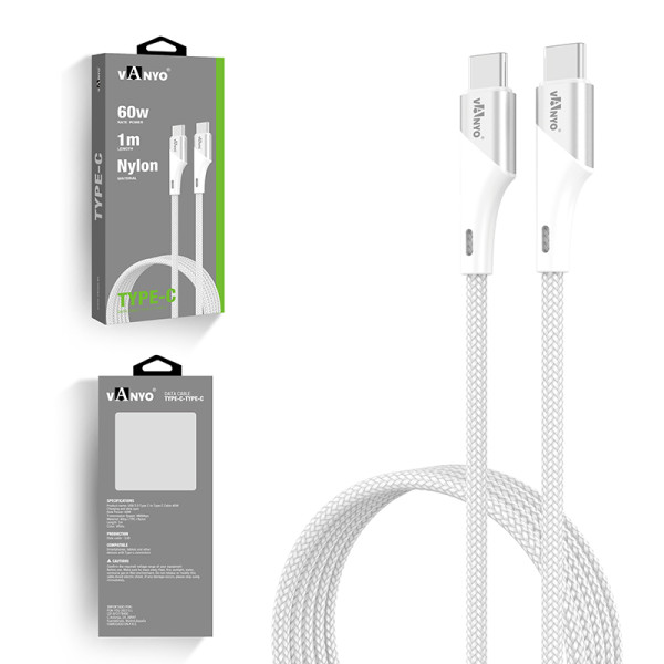 Cabo de dados USB de carregamento rápido 1M 60 W Nylon Tipo-C para Tipo-C Branco
